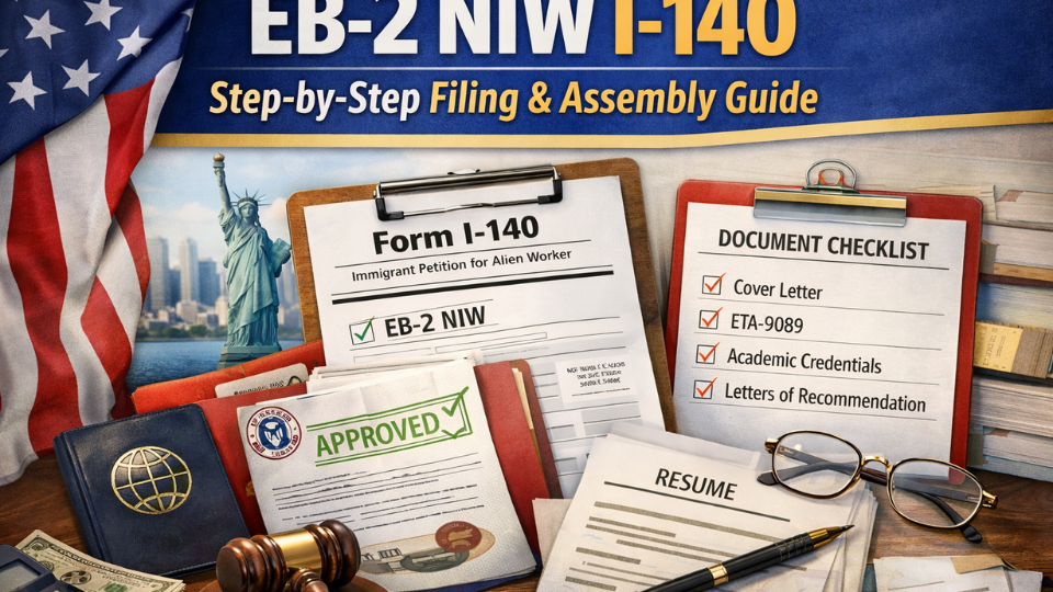 EB-2 NIW I-140 petition filing guide with Form I-140, document checklist, approved stamp, U.S. flag and Statue of Liberty in background