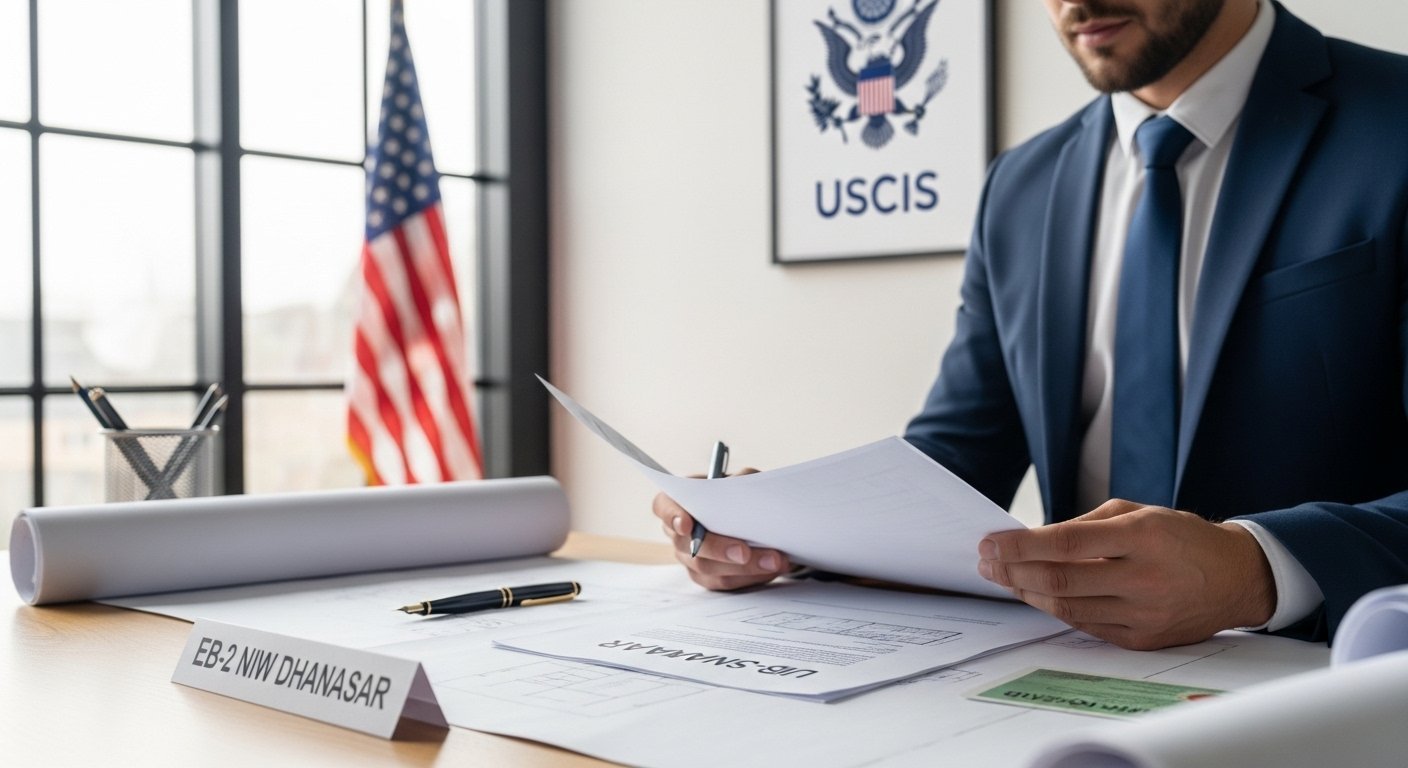 EB-2 NIW Matter of Dhanasar petition documents reviewed in a professional office with USCIS background and U.S. flag
