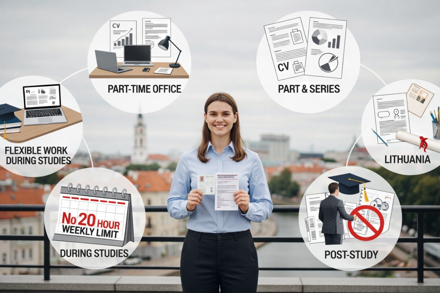 Stay in Lithuania: Woman with residence permit, infographics on work, CV, and post-study life.